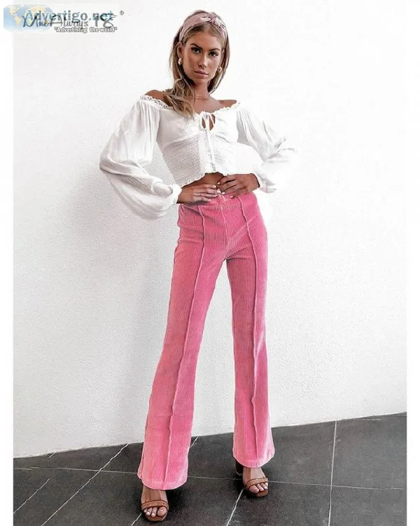 Pink Corduroy Flare Leggings Women Winter Warm High Waisted Flar