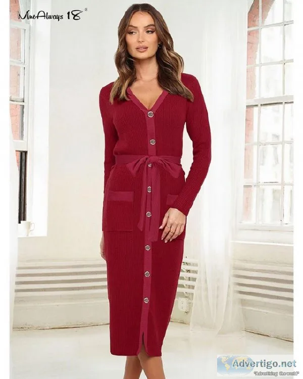 Button Up Elegant Woman Winter Knitted Pencil Midi Sweater Dress
