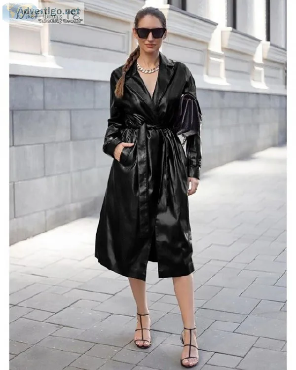Elegant Wrape Trench Coat Long Casual Women Black Faux Leather J