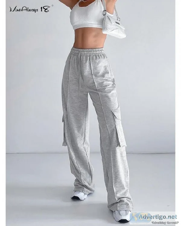 Gray Sweatpants Winter Double Pockets Drawstring Sportswear High