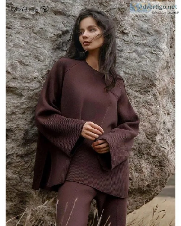 Gray Oversized Sweater Knitted 2-Piece Women Suits Fall Winter P