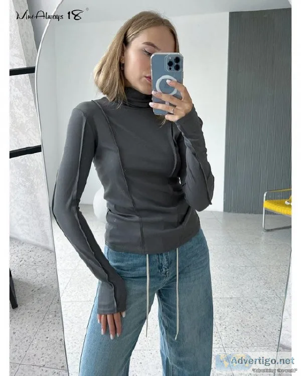 Turtleneck Jersey Bodycon T-Shirt Women Frill Long Sleeve Basic 