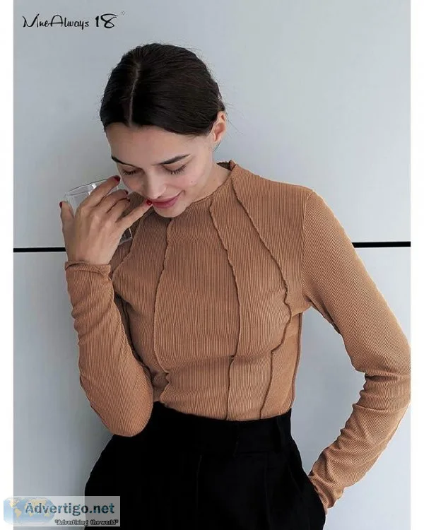 Women Frill Long Sleeve Solid Basic Round Neck Knitted Bodycon W