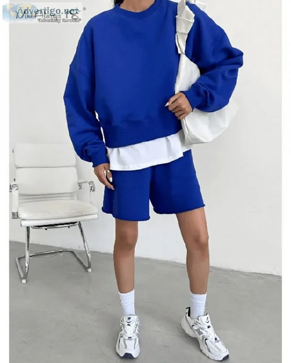 Women Casual Pullover Tops And Wide Leg Shorts Outfits Blue Trac