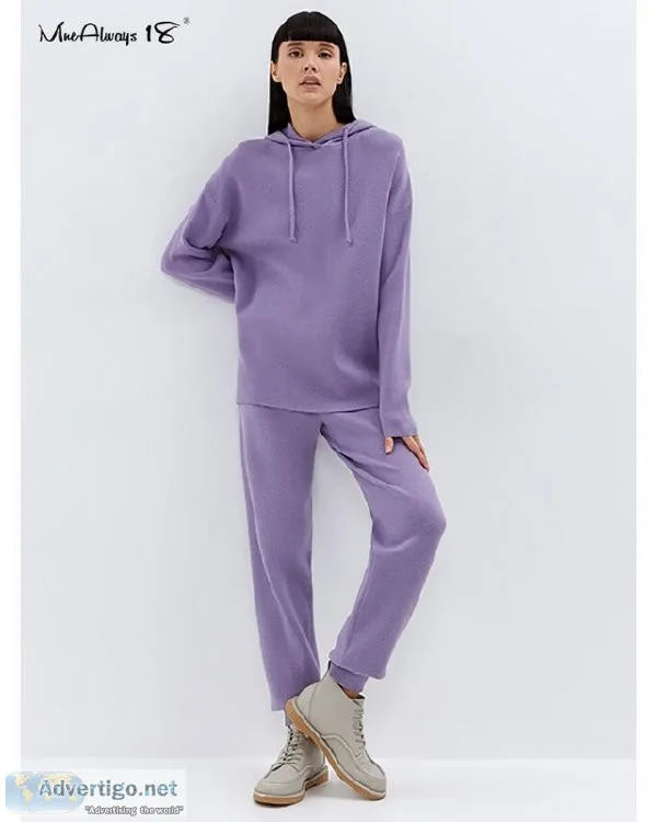 Autumn Winter Drawstring Knitted Womens Tracksuit Hoodie And Pan
