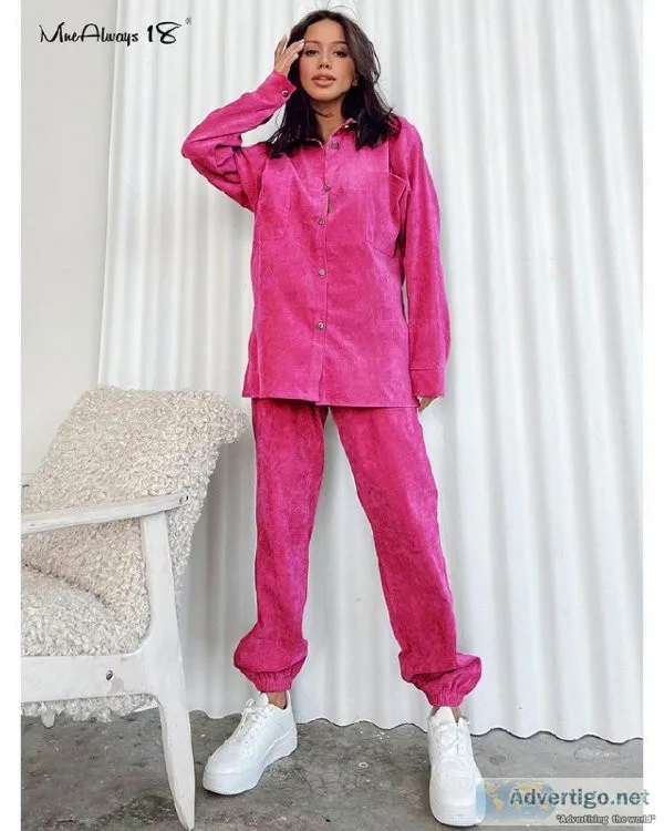 Button Up Vintage Corduroy Winter Womens Two Piece Outfit Casual