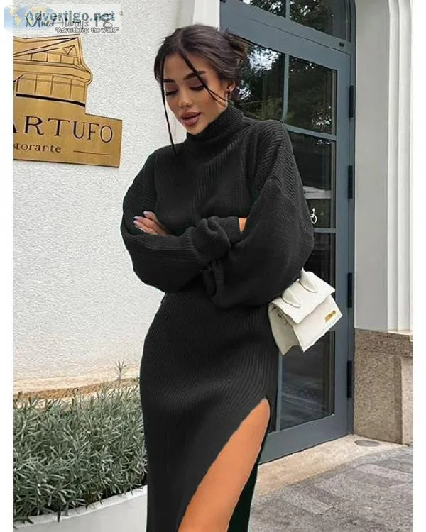 Mnealways18 Knitted Turtleneck Sweater And Split Skirt Women 2 P