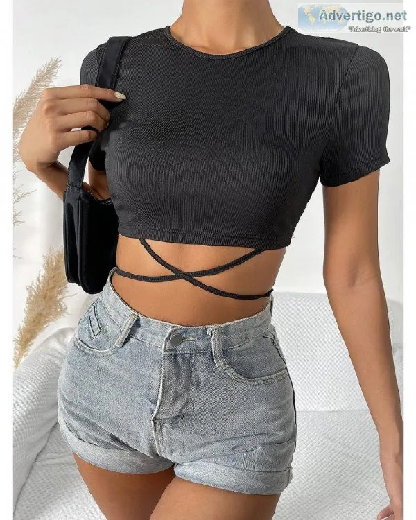 Women Short T-Shirts Casual Solid Crisscross Round Neck Lace Cro