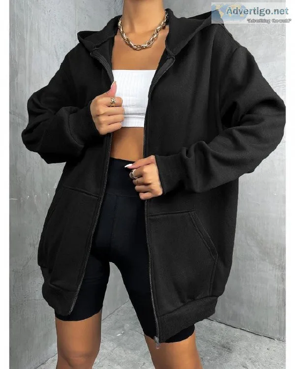 Thermal Y2k Zip Up Oversize Hoodies Solid Drop Shoulder Lady Cas