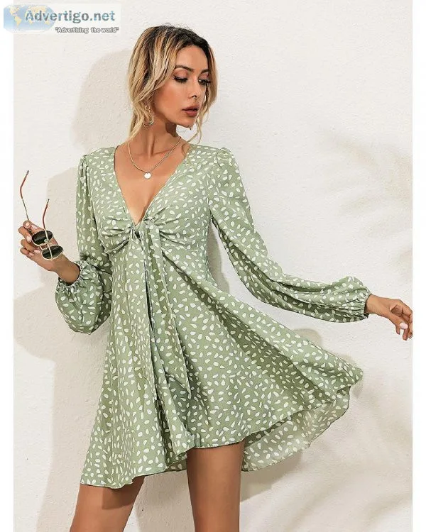 Summer Elegant Tie Front All Over Print Vintage Long Lantern Sle
