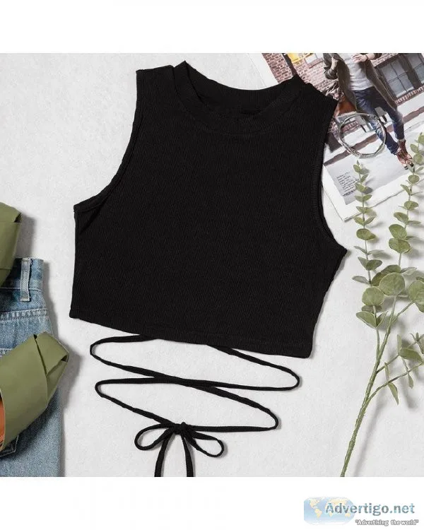 Black Round Neck Lady Casual Plain Lace Up Waist Sleeveless Shor
