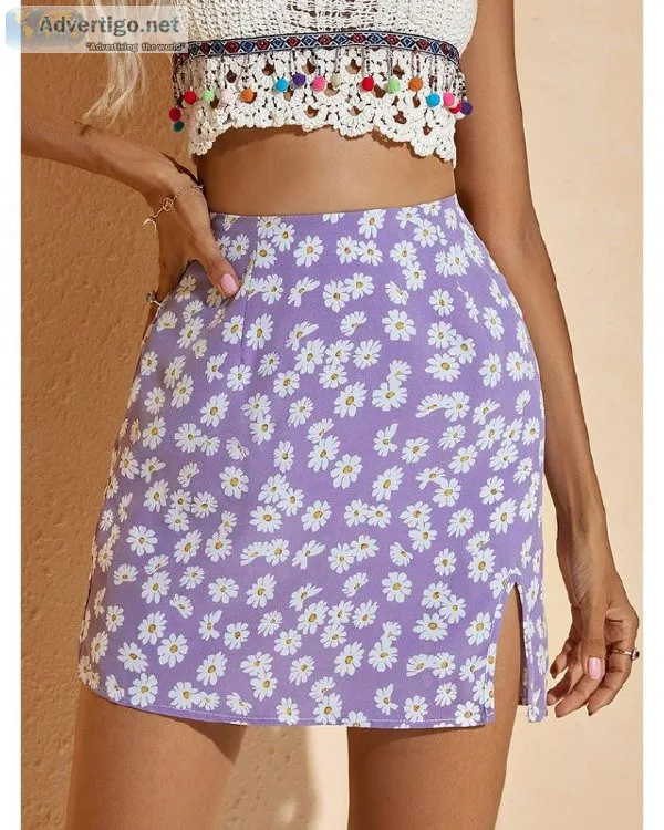 Boho Floral Allover Print High Waist Split Mini Skirts For Women