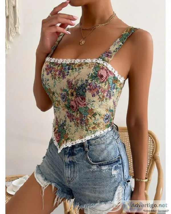 Casual All Over Print Contrast Slim Fit Floral Lace Trim Corset 