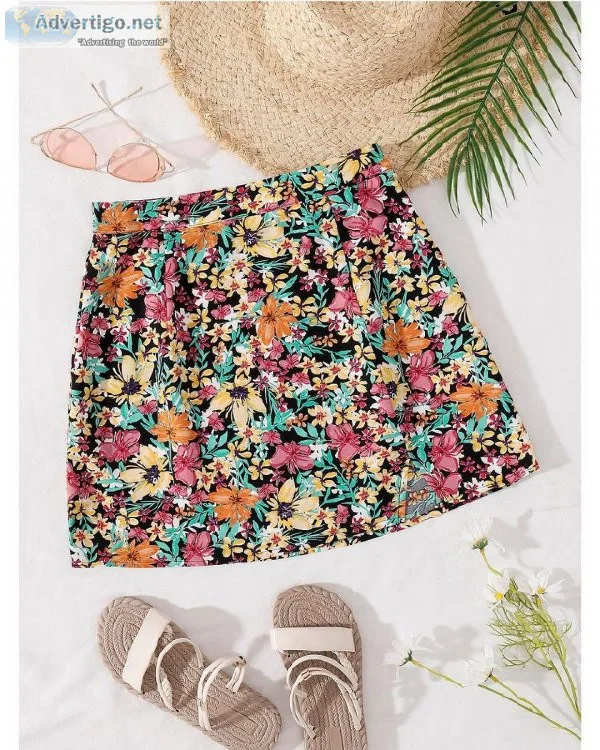 Boho Floral All Over Print Split Hem Mini Skirts For Women