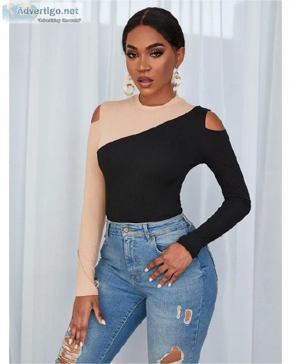 Slim Fit Medium Multicolor Colorblock Cold Shoulder Rib-Knit Lon