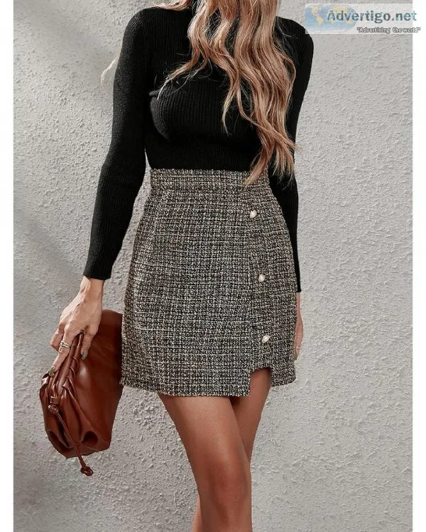 Autumn Winter High Waist Asymmetrical Hem Elegant Tweed Pearl Bu