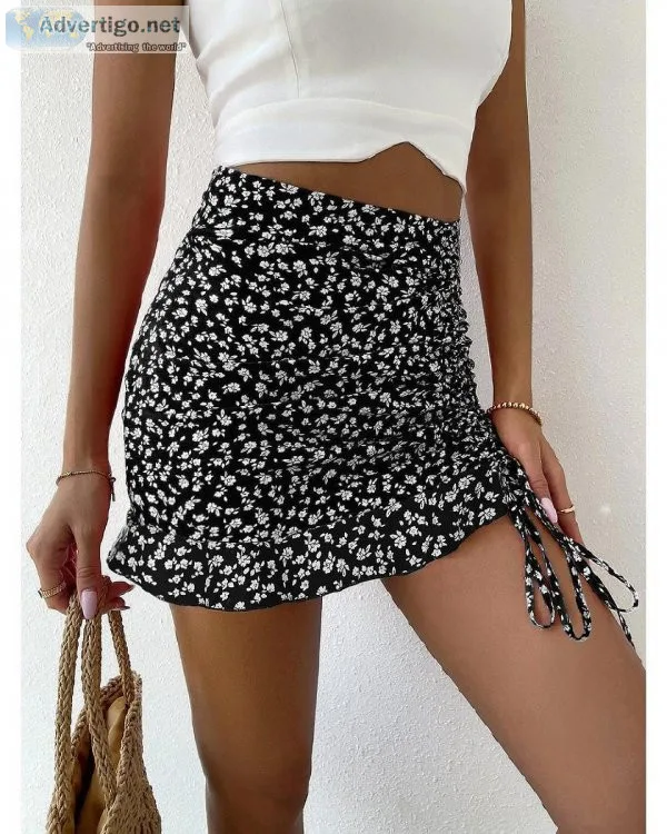 Mermaid High Waist Ditsy Floral Print Boho Ruffle Hem Mini Skirt