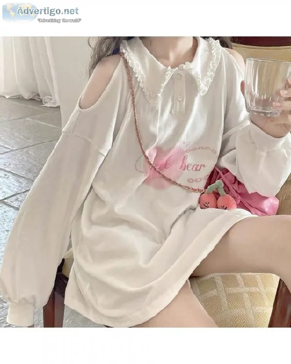 Cute Heart Print Off-shoulder Kawaii White Long Sleeve Sweat shi