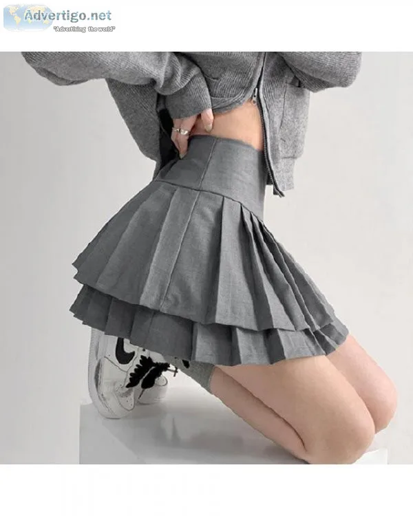 Preppy Style Double Pleated Skirt Women High Waist Patchwork Sol