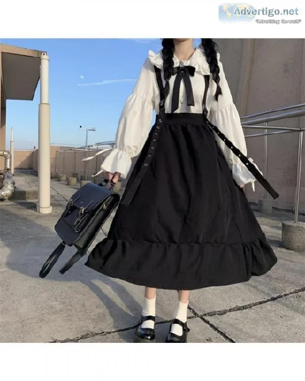 Gothic Lolita Long Women Harajuku Ruffle Strap High Waist Black 