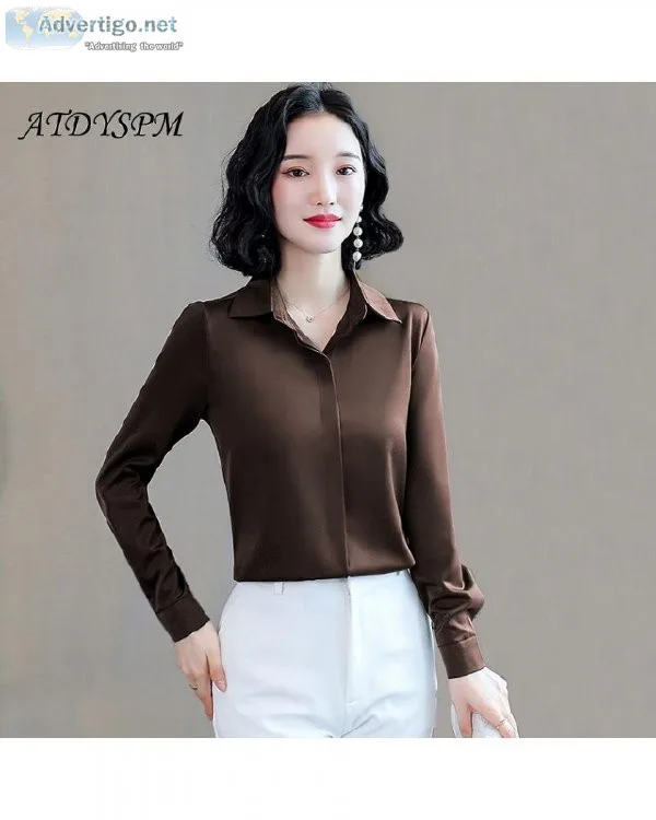 Fashion Women Vintage Simple Hidden Buttons Silk Satin Shirts