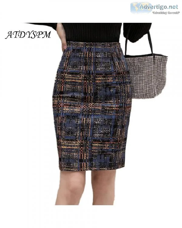 High Waist Stretch Package Hip Pencil Elegant Plaid Printed Casu