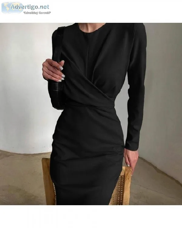 Elegant Solid Color Autumn Long Sleeve Women Midi Dress