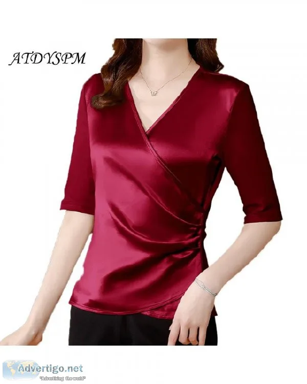 Simple Comfortable V-Neck Summer Satin Ladies Casual Short Sleev