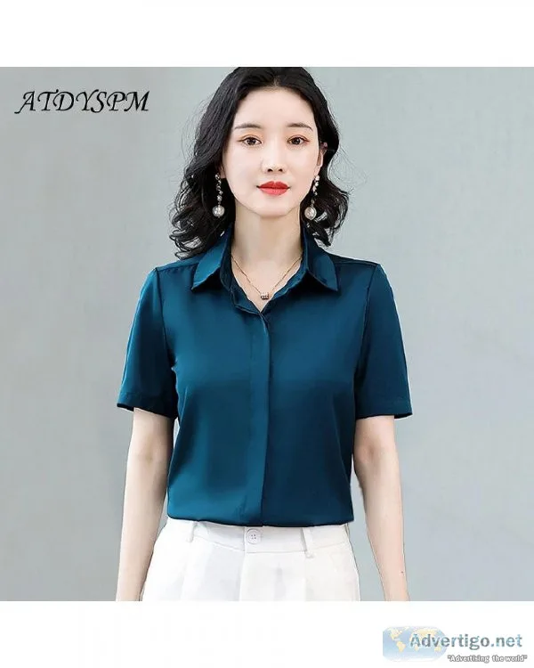 Simple Design Summer Short Sleeve Womens Casual Solid Satin Shir