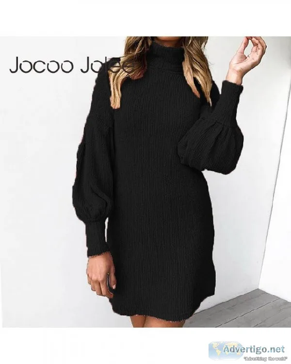 Turtleneck Slim Knitted Solid Ladies Long Lantern Sleeve Vintage