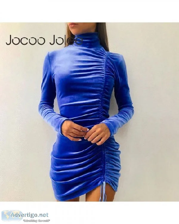 Women Long Sleeve Turtleneck Drawstring Ruched Suede Bodycon Aut