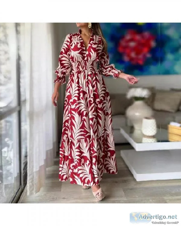 V Neck Long Sleeve Bohemian Women Floral Print Maxi Dress