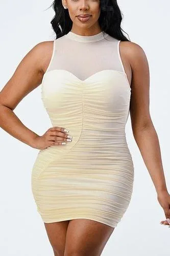 Lux Stretch mock neck mesh ruched dress