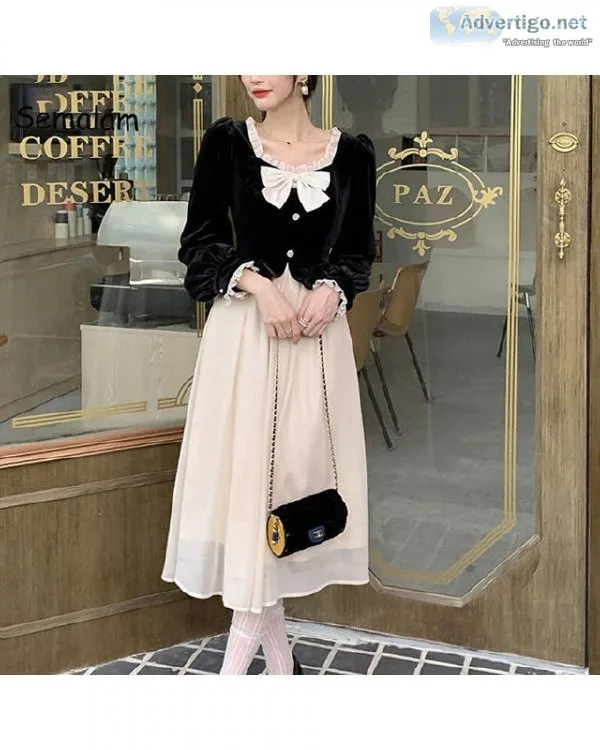 Autumn Winter Retro Fashion Square Collar Bow Party Elegant Fren