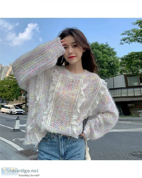 Women Sweet Lace Tie Dye Knitted Top Korean Fashion Spring Fall 