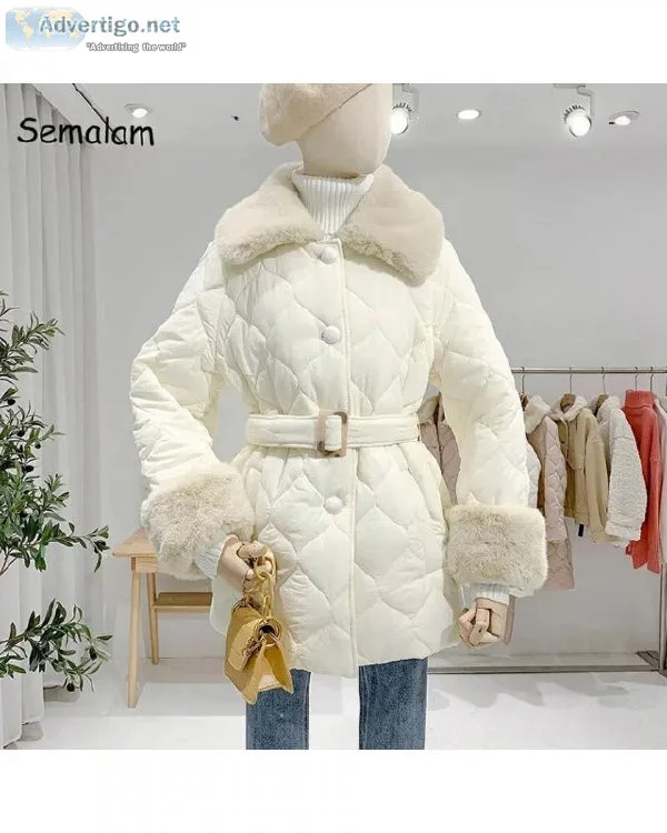White Lace Up Waist Korean Style Loose Long Winter Down Jackets