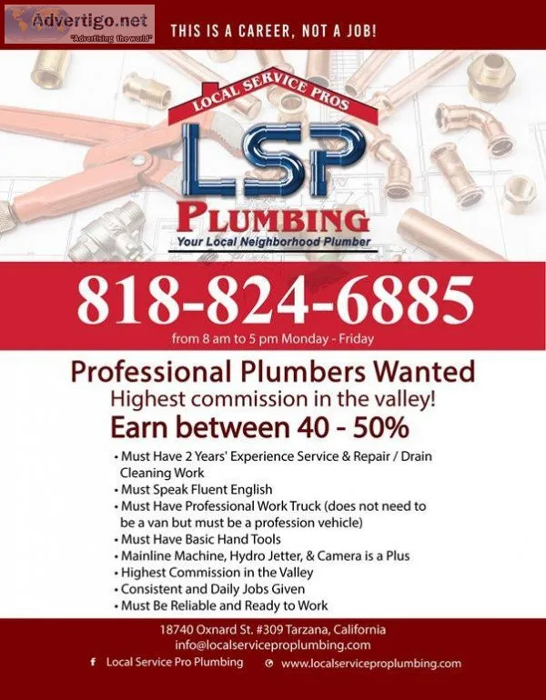 HIGHEST COMMISION PAID FOR PLUMBERS (PLUMBING TECHNICIAN)