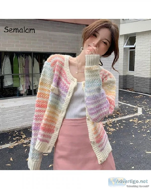 Autumn Rainbow Knitted Cardigan Button Long Sleeve Casual Elegan