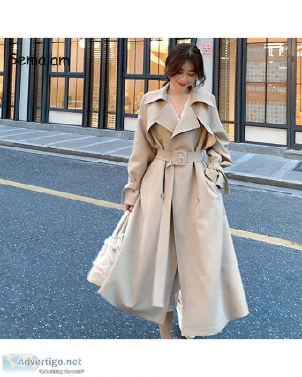 Spring Autumn New Ladies High-end Khaki Cloak Wear A Belt Satin 