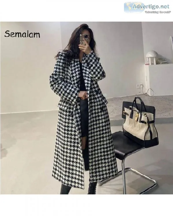 Woman Winter Thick Warm LongFashion Houndstooth Woolen Coat