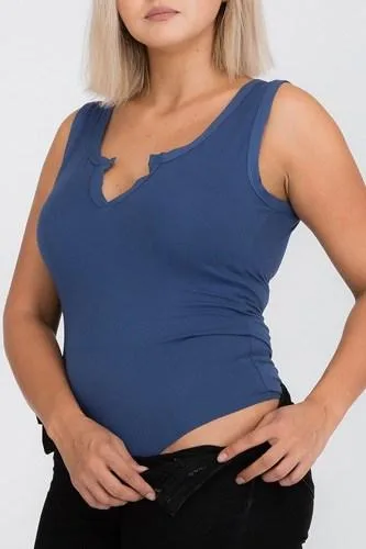 Plus size split neckline Bodysuit Blue