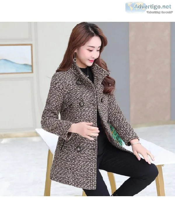 Women Wool Blends Autumn Winter Fashion Mother Turtleneck Plaid 