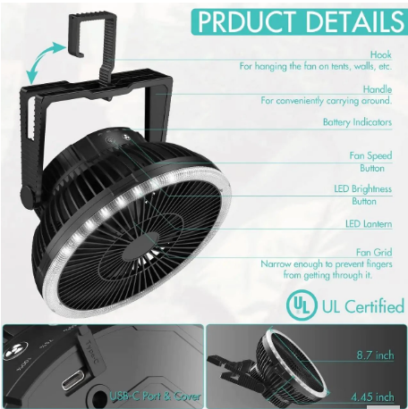 Camping Tent Fan with LED Lantern