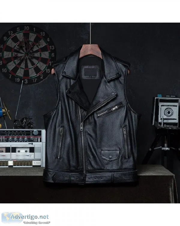 Men 100% Cowhide Slim Motorcycle Biker Classic Genuine Leather V