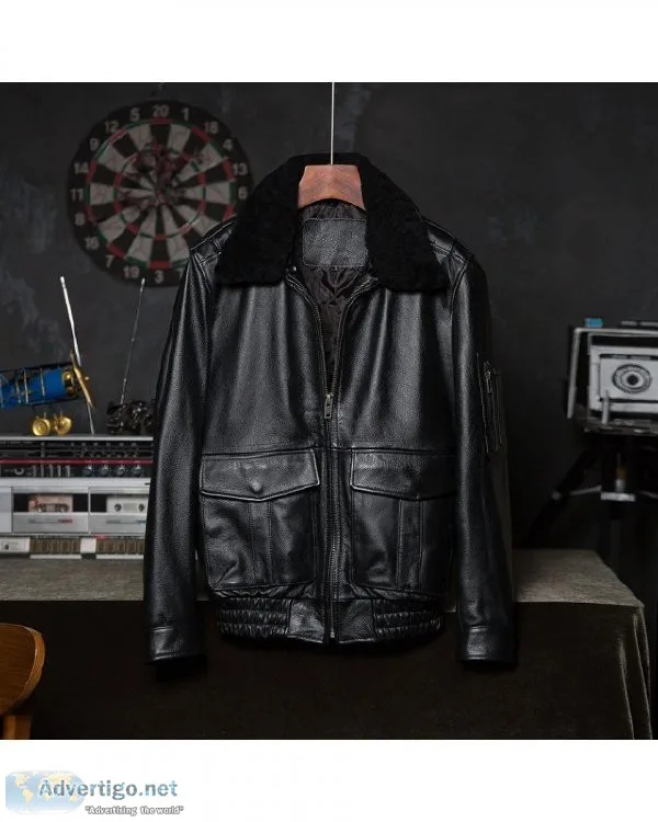 Quilted Natural Cowhide Fur Collar Flight Men Leather Jacket