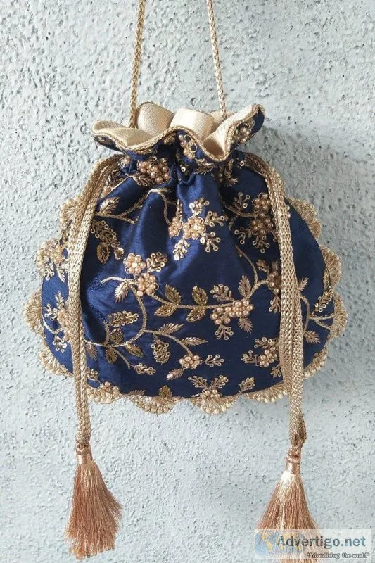 Navy pearl embroidered potli
