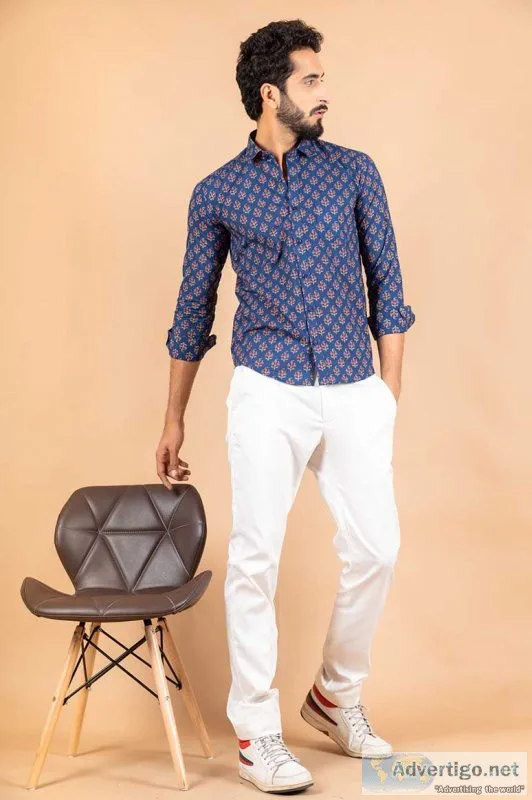 Blue florescence printed cotton shirt