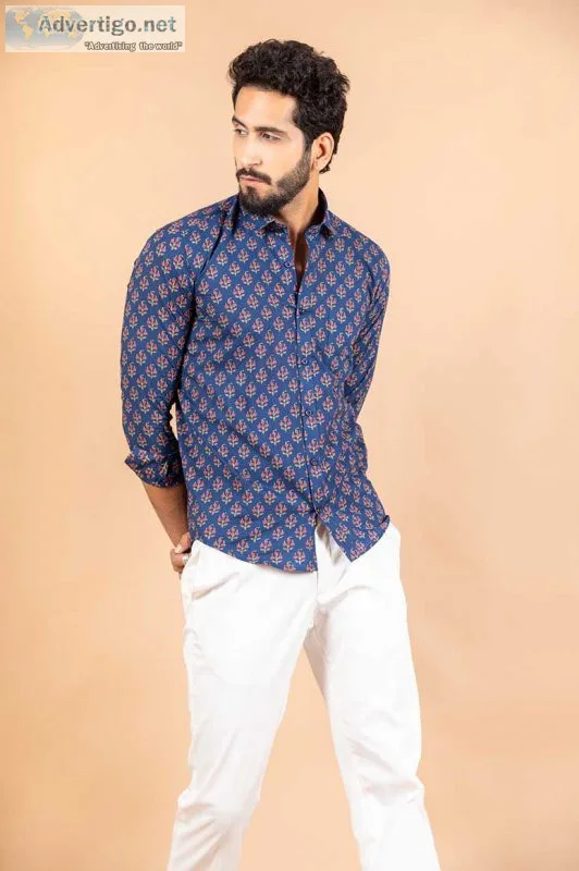 Blue florescence printed cotton shirt
