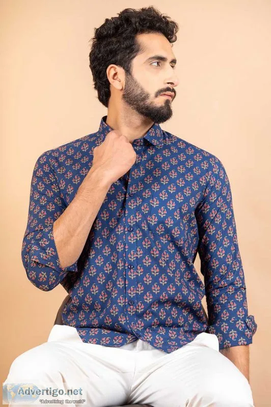 Blue florescence printed cotton shirt