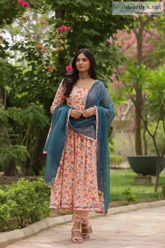 Cotton anarkali suit set with dupatta - pinkcactii